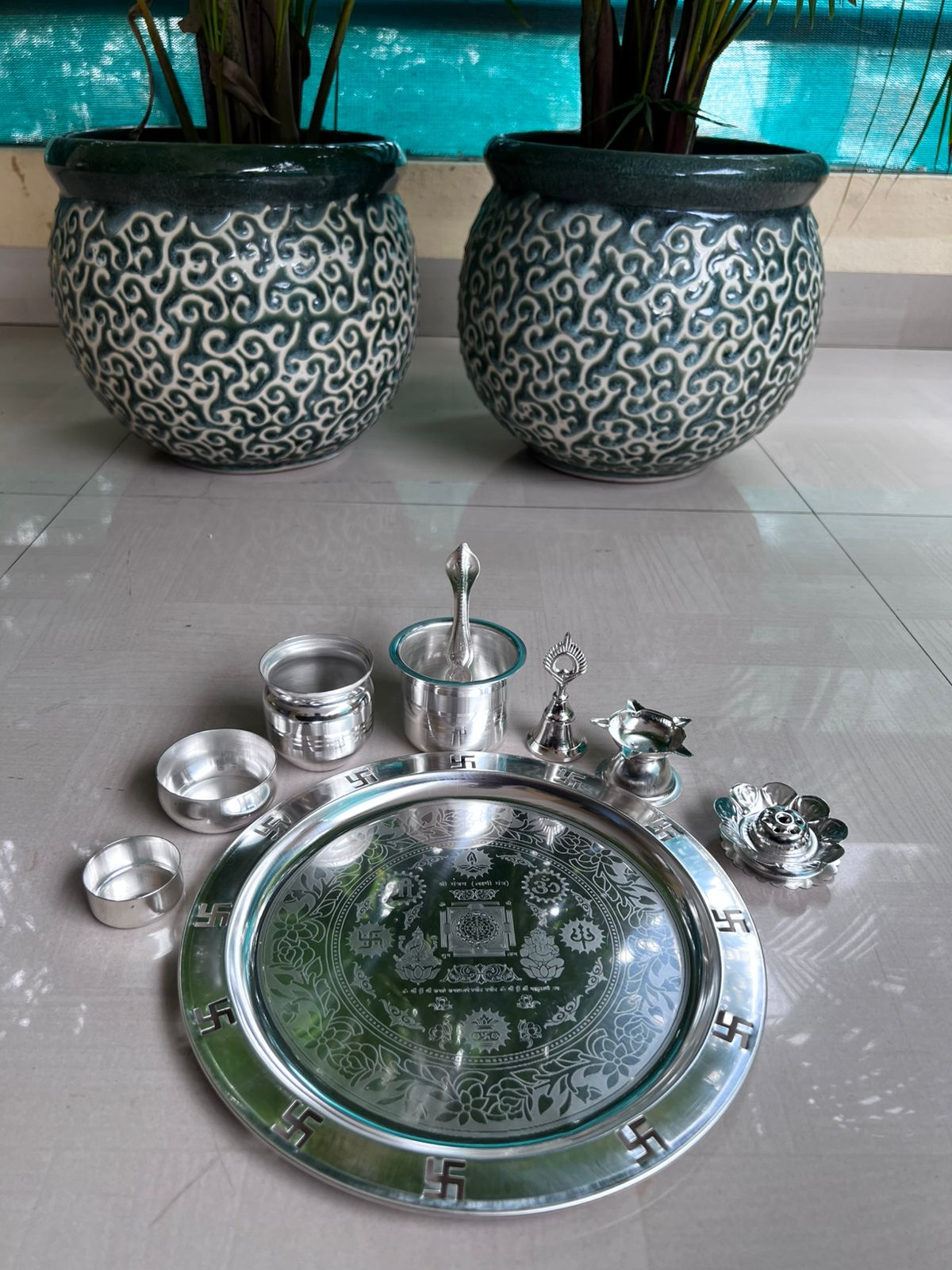 german silver pooja thali set for diwali/ housewarming pooja - 8 pieces set
